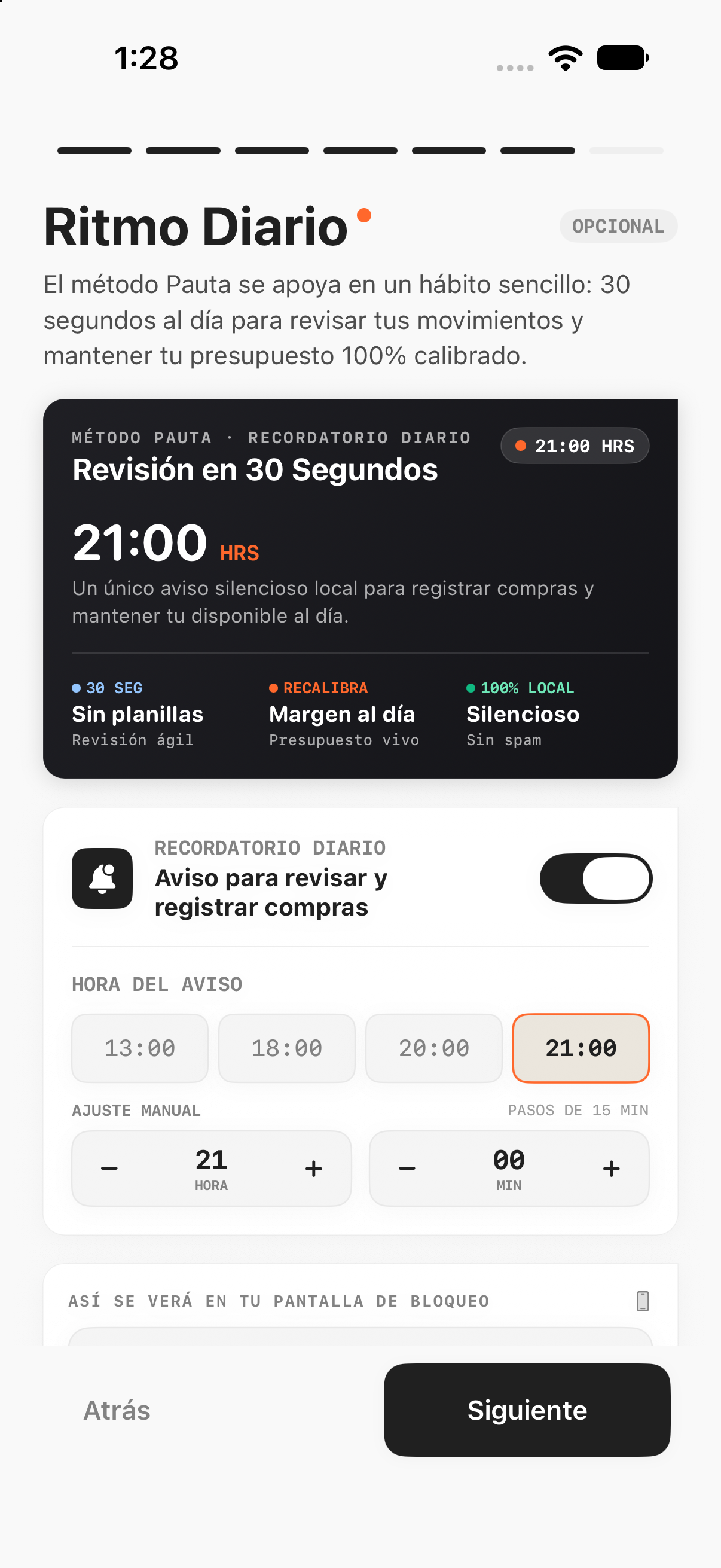 Paso de ritmo diario: recordatorio a las 21:00